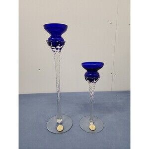 Set Of 2 Vintage Romainian Handblown Cobalt Glass Candle Holders 12" And 8"